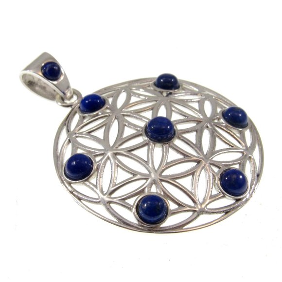 Solid 925 Sterling Silver Flower of Life Pendant with Lapis Lazuli Sacred Symbol - Picture 6 of 8